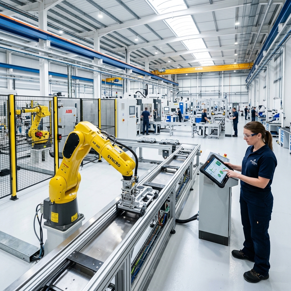 Modern factory with robotic arm and worker using tablet