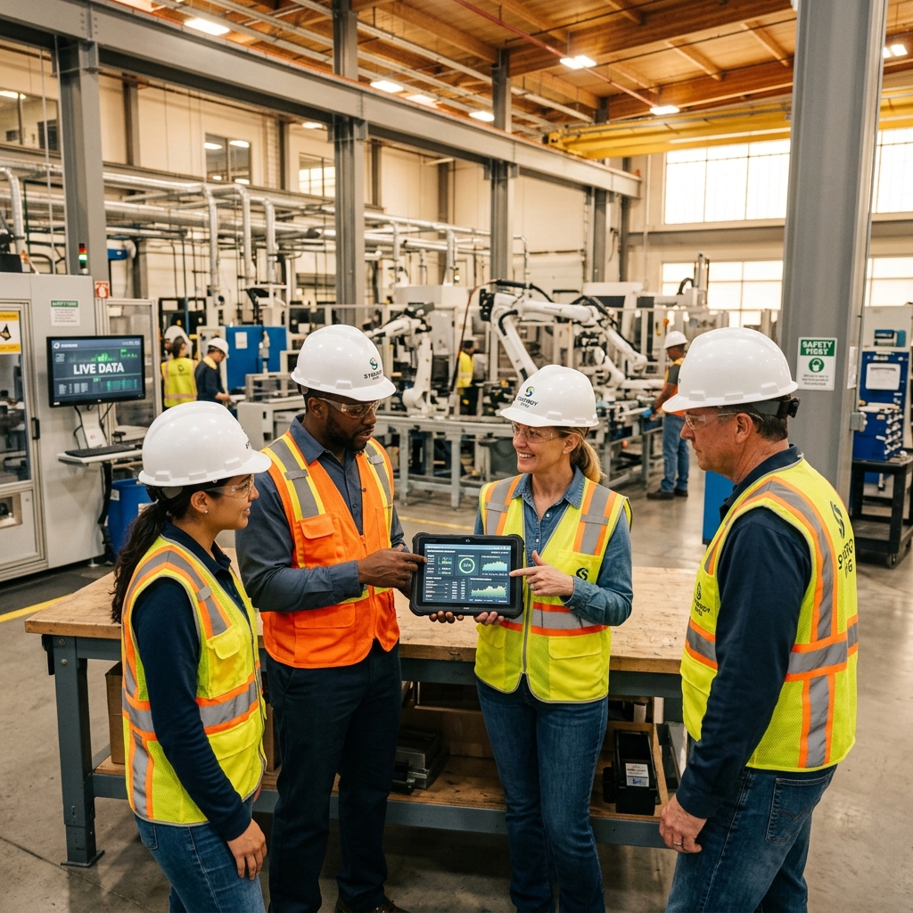 Workers collaborating on the factory floor